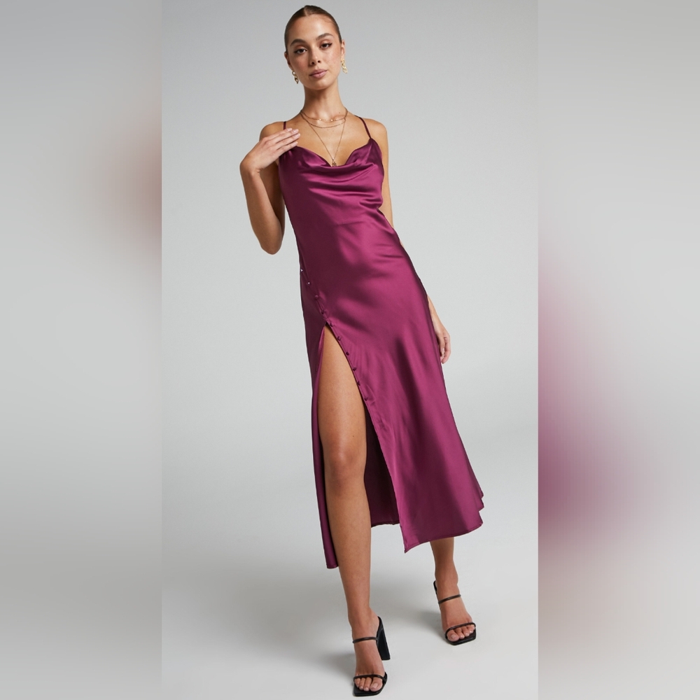 NWT Forever 21 Silky Satin Slip Midi Dress With Thigh Slit - Button Detail